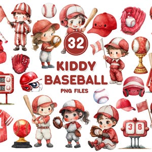 Baseboll Clipart-paket med akvarellmotiv för barn, tecknade spelare, sport PNG (direkt nedladdning)