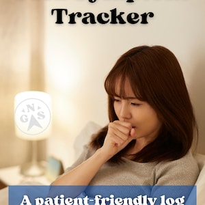 May include: A Cold Symptom Tracker document featuring the text Cold Symptom Tracker at the top and A patient-friendly log for medical offices at the bottom, displayed over a scene of a person coughing while resting in bed with a lamp nearby.