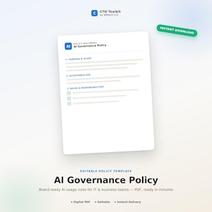 Op de afbeelding: Een sjabloon voor een AI-governancebeleidsdocument met secties voor doel en reikwijdte, acceptabel gebruik en rollen en verantwoordelijkheden. Het witte document bevat blauwe koppen en groene vinkjes als pictogrammen.