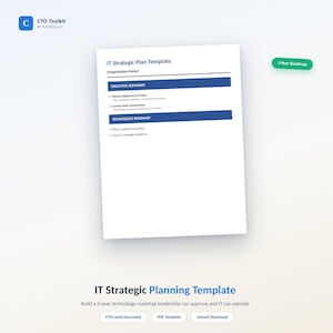 May include: An IT Strategic Plan Template document featuring sections for Executive Summary and Technology Roadmap. The page includes text fields for Organization Name, Mission Alignment, Vision, and Year 1-3 initiatives. A green 3-Year Roadmap badge is visible.