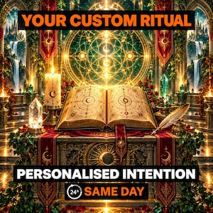 Puede incluir: Un libro abierto con diagramas celestiales descansa sobre un altar de piedra, flanqueado por una vela encendida y una pluma. El texto dice YOUR CUSTOM RITUAL, PERSONALIZED INTENTION y 24h SAME DAY, ante arcos brillantes.