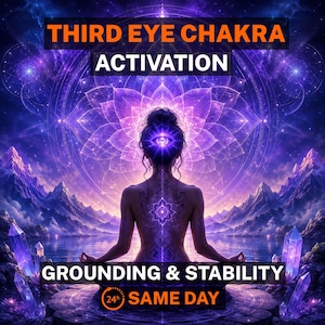 May include: A digital illustration featuring a person meditating in a lotus position before a large purple lotus flower. Text reads THIRD EYE CHAKRA ACTIVATION, GROUNDING & STABILITY, and 24h SAME DAY. The scene includes mountains and crystals.