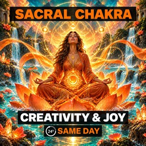 May include: A digital illustration featuring a person meditating in a lotus position atop a large orange lotus flower. The text reads SACRAL CHAKRA, CREATIVITY & JOY, and 24H SAME DAY. The background displays waterfalls, orange light, and crystals.
