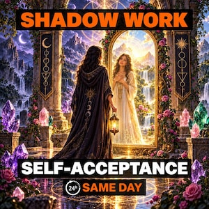 May include: A digital illustration featuring the text SHADOW WORK, SELF-ACCEPTANCE, and 24h SAME DAY. A figure in a dark hooded cloak holds a lantern before a golden mirror reflecting a light-clad figure, surrounded by purple crystals and roses.