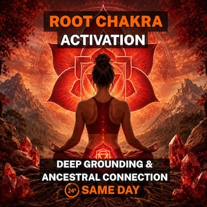 Puede incluir: Un gráfico digital que muestra a una persona en posición de meditación sentada frente a un símbolo de loto rojo brillante, montañas y cristales rojos. El texto dice: ROOT CHAKRA ACTIVATION, DEEP GROUNDING & ANCESTRAL CONNECTION, 24h SAME DAY.