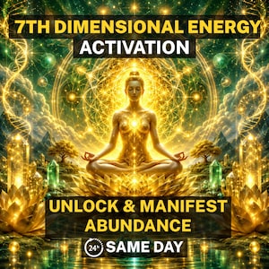 Peut inclure: Une illustration numérique montrant une figure en position de méditation entourée de fleurs de lotus dorées, de cristaux lumineux et de géométrie sacrée. Le texte indique 7TH DIMENSIONAL ENERGY ACTIVATION, UNLOCK & MANIFEST ABUNDANCE, 24h SAME DAY.