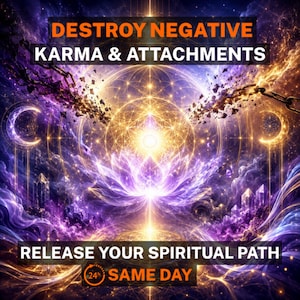 May include: A digital graphic featuring a glowing purple lotus flower at the center, surrounded by golden geometric patterns, crystals, and broken chains. Text reads: DESTROY NEGATIVE KARMA & ATTACHMENTS, RELEASE YOUR SPIRITUAL PATH, and 24h SAME DAY.