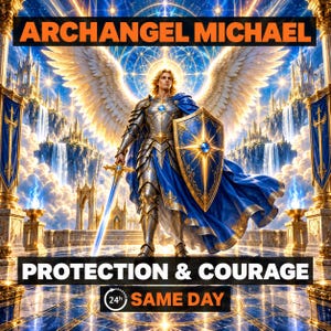 May include: A digital illustration of Archangel Michael in silver armour with large white wings, holding a glowing sword and a blue shield. The text reads ARCHANGEL MICHAEL, PROTECTION & COURAGE, and 24h SAME DAY. The background features golden pillars, waterfalls, and a celestial sky.