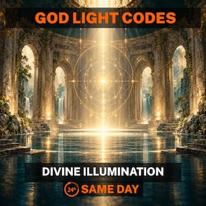 Può includere: Un'opera d'arte digitale che raffigura un tempio con archi in pietra, cascate e una piscina centrale. Un raggio di luce dorata scende dall'alto, sovrapposto a un motivo circolare geometrico. Il testo recita GOD LIGHT CODES, DIVINE ILLUMINATION, 24h SAME DAY.