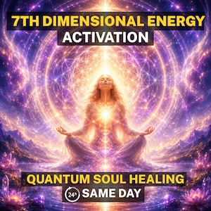 Puede incluir: Una ilustración digital que muestra a una persona en posición de meditación rodeada de luz púrpura y dorada, con el texto 7TH DIMENSIONAL ENERGY ACTIVATION y QUANTUM SOUL HEALING 24H SAME DAY en letras amarillas y blancas.