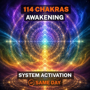 Op de afbeelding: Een digitale afbeelding met een levendige, veelkleurige nevelachtergrond en een centrale verticale kolom van gloeiende lichtbollen. De tekst luidt 114 CHAKRAS AWAKENING, SYSTEM ACTIVATION en 24h SAME DAY in vetgedrukte letters op donkere balken.