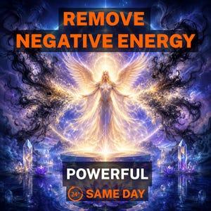 May include: A digital illustration featuring a central winged figure radiating golden light, surrounded by dark swirling clouds and glowing crystals. The text reads REMOVE NEGATIVE ENERGY, POWERFUL, and 24h SAME DAY in orange and white.