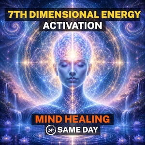 May include: A digital illustration featuring a person with closed eyes, surrounded by blue and purple cosmic energy patterns. Text reads 7TH DIMENSIONAL ENERGY ACTIVATION and MIND HEALING 24H SAME DAY. The scene includes glowing lotus flowers and waterfalls.