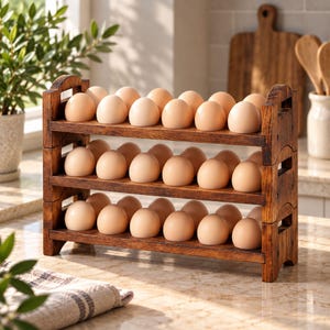 May include: A three-tiered wooden egg storage rack with a dark brown stained finish. The rack features horizontal shelves designed to hold multiple rows of light brown eggs, with integrated side handles on each level for portability.