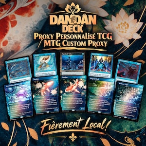 May include: A collection of custom trading cards featuring blue and koi fish artwork. The cards display text including Dandan Deck, Proxy Personnalisé TCG, MTG Custom Proxy, and Fièrement Local, alongside various game card titles and rules text.