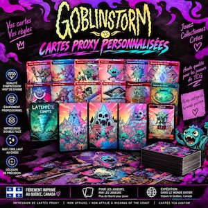 Puede incluir: Una colección de cartas proxy personalizadas con ilustraciones vibrantes de goblins en tonos morado, rosa y turquesa. El conjunto incluye cartas individuales, un mazo apilado y el texto GOBLINSTORM y CARTES PROXY PERSONNALISÉES.