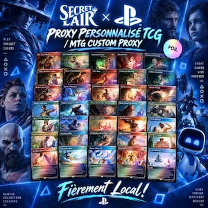 May include: A collection of custom foil trading cards featuring characters and scenes from various video games, arranged in a grid. The display includes the text Secret Lair, PlayStation logo, Proxy Personnalisé TCG, and Fièrement Local.