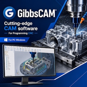 Puede incluir: Software GibbsCAM para PC Windows mostrado en un monitor de computadora, con una interfaz 3D para programación CNC. El fondo muestra un componente industrial metálico siendo mecanizado por un taladro con fluido refrigerante azul.