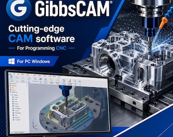 Puede incluir: Software GibbsCAM para PC Windows mostrado en un monitor de computadora, con una interfaz 3D para programación CNC. El fondo muestra un componente industrial metálico siendo mecanizado por un taladro con fluido refrigerante azul.