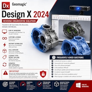 Peut inclure: Logiciel Geomagic Design X 2024 pour PC Windows, une solution de r&eacute;tro-ing&eacute;nierie pour transformer des donn&eacute;es de scan 3D en mod&egrave;les CAO modifiables. Le graphique montre une pi&egrave;ce m&eacute;canique m&eacute;tallique, un mod&egrave;le filaire et une interface.