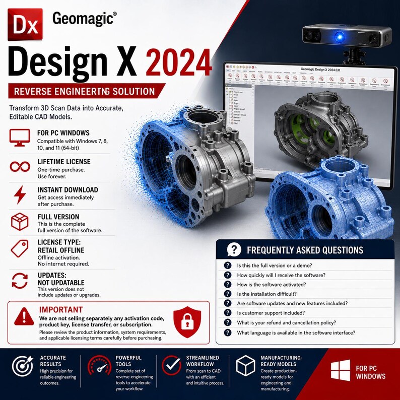 Peut inclure: Logiciel Geomagic Design X 2024 pour PC Windows, une solution de r&eacute;tro-ing&eacute;nierie pour transformer des donn&eacute;es de scan 3D en mod&egrave;les CAO modifiables. Le graphique montre une pi&egrave;ce m&eacute;canique m&eacute;tallique, un mod&egrave;le filaire et une interface.