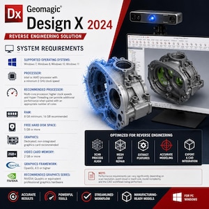 Peut inclure: Logiciel de r&eacute;tro-ing&eacute;nierie Geomagic Design X 2024 affichant les configurations syst&egrave;me, un scanner 3D et un &eacute;cran d'ordinateur montrant un mod&egrave;le de pi&egrave;ce m&eacute;canique complexe avec un nuage de points bleu et un rendu solide gris.