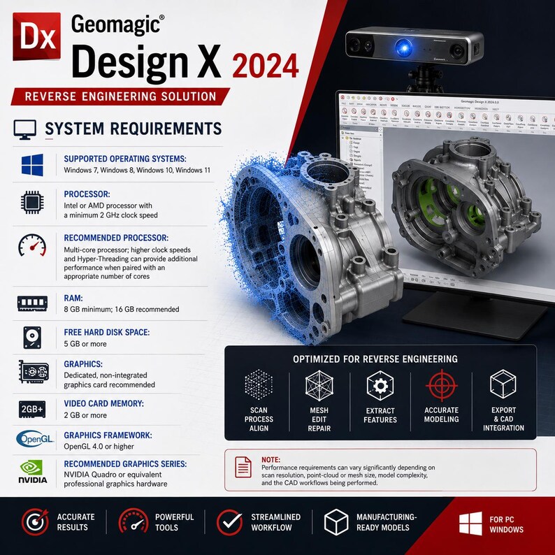 Peut inclure: Logiciel de r&eacute;tro-ing&eacute;nierie Geomagic Design X 2024 affichant les configurations syst&egrave;me, un scanner 3D et un &eacute;cran d'ordinateur montrant un mod&egrave;le de pi&egrave;ce m&eacute;canique complexe avec un nuage de points bleu et un rendu solide gris.