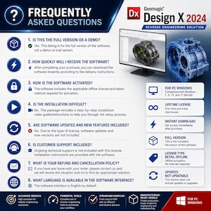 Peut inclure: Une infographie informative pour le logiciel de r&eacute;tro-ing&eacute;nierie Geomagic Design X 2024. Elle pr&eacute;sente une liste de huit questions fr&eacute;quemment pos&eacute;es, un &eacute;cran d'ordinateur affichant un mod&egrave;le m&eacute;canique 3D et un r&eacute;sum&eacute; des sp&eacute;cifications.