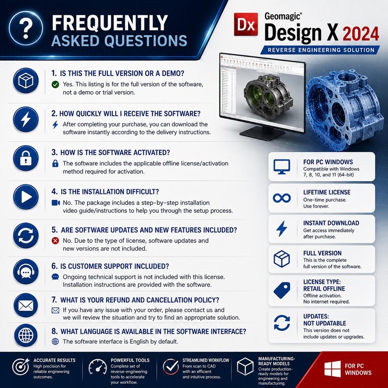 Peut inclure: Une infographie informative pour le logiciel de r&eacute;tro-ing&eacute;nierie Geomagic Design X 2024. Elle pr&eacute;sente une liste de huit questions fr&eacute;quemment pos&eacute;es, un &eacute;cran d'ordinateur affichant un mod&egrave;le m&eacute;canique 3D et un r&eacute;sum&eacute; des sp&eacute;cifications.