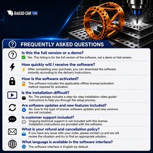 Puede incluir: Un gr&aacute;fico informativo para el software BobCAD-CAM v36 que presenta una secci&oacute;n de preguntas frecuentes. El texto aborda la versi&oacute;n del software, la entrega, la activaci&oacute;n, la instalaci&oacute;n, las actualizaciones, el soporte y el idioma.