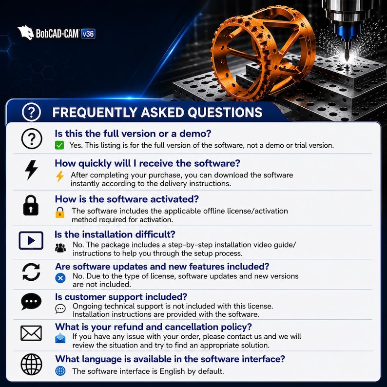 Puede incluir: Un gr&aacute;fico informativo para el software BobCAD-CAM v36 que presenta una secci&oacute;n de preguntas frecuentes. El texto aborda la versi&oacute;n del software, la entrega, la activaci&oacute;n, la instalaci&oacute;n, las actualizaciones, el soporte y el idioma.