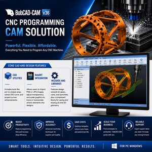Puede incluir: Anuncio del software BobCAD-CAM v36 con un monitor de computadora que muestra una interfaz de dise&ntilde;o CAD 3D, un componente de engranaje met&aacute;lico naranja y texto que detalla funciones de programaci&oacute;n CNC y beneficios comerciales para PC Windows.