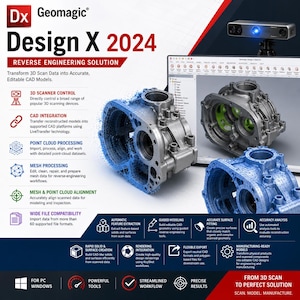 Peut inclure: Interface du logiciel de r&eacute;tro-ing&eacute;nierie Geomagic Design X 2024 affichant des donn&eacute;es de scan 3D d'un carter m&eacute;canique. L'&eacute;cran pr&eacute;sente le traitement de nuages de points, l'alignement de maillage et l'int&eacute;gration CAO pour cr&eacute;er des mod&egrave;les.
