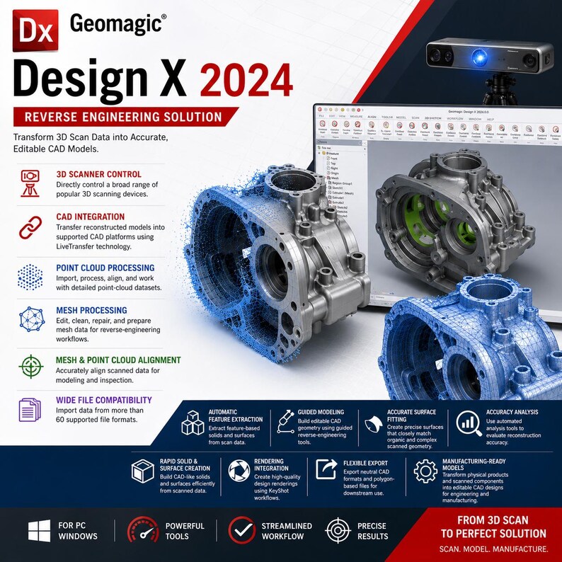Peut inclure: Interface du logiciel de r&eacute;tro-ing&eacute;nierie Geomagic Design X 2024 affichant des donn&eacute;es de scan 3D d'un carter m&eacute;canique. L'&eacute;cran pr&eacute;sente le traitement de nuages de points, l'alignement de maillage et l'int&eacute;gration CAO pour cr&eacute;er des mod&egrave;les.