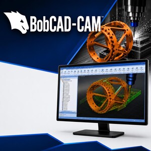 Puede incluir: Un monitor de computadora muestra la interfaz del software BobCAD-CAM con un modelo 3D de una pieza mec&aacute;nica cil&iacute;ndrica naranja. Arriba, una pieza de metal naranja es mecanizada por una herramienta CNC, mostrando chispas y virutas.