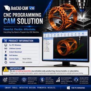 Puede incluir: Software BobCAD-CAM v36 para PC Windows, con una soluci&oacute;n de programaci&oacute;n CNC CAM. La pantalla muestra un monitor con una interfaz 3D, una pieza cil&iacute;ndrica de color naranja met&aacute;lico y una lista de informaci&oacute;n del producto y detalles.