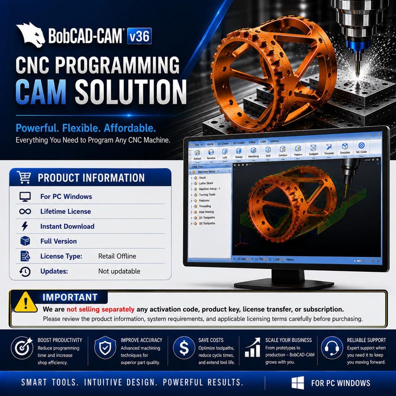 Puede incluir: Software BobCAD-CAM v36 para PC Windows, con una soluci&oacute;n de programaci&oacute;n CNC CAM. La pantalla muestra un monitor con una interfaz 3D, una pieza cil&iacute;ndrica de color naranja met&aacute;lico y una lista de informaci&oacute;n del producto y detalles.