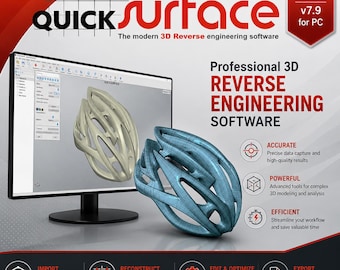 Puede incluir: Un monitor de computadora que muestra el software QuickSurface Pro 2026 v7.9 para PC, con un modelo de estructura alámbrica 3D de un casco de bicicleta. El gráfico incluye texto que detalla las capacidades del software de ingeniería inversa.