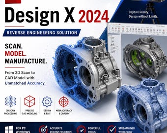 Puede incluir: Gráfico promocional del software de ingeniería inversa Geomagic Design X 2024 con una carcasa mecánica metálica que pasa de una nube de puntos digital azul a un modelo CAD sólido, con texto que incluye Scan, Model, Manufacture.