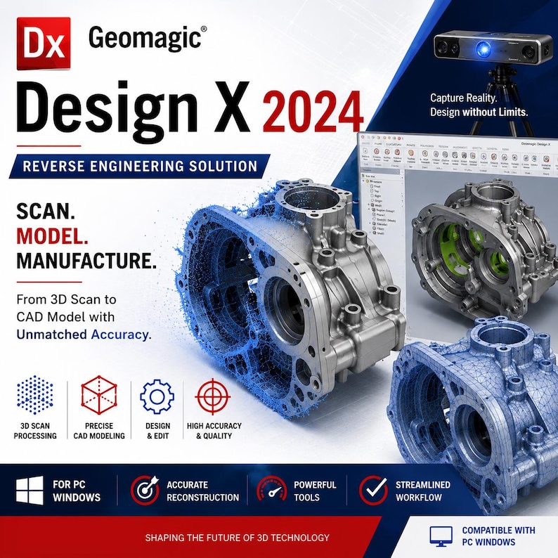 Peut inclure: Graphique promotionnel du logiciel de r&eacute;tro-ing&eacute;nierie Geomagic Design X 2024 montrant un bo&icirc;tier m&eacute;canique m&eacute;tallique passant d'un nuage de points num&eacute;rique bleu &agrave; un mod&egrave;le CAO solide, avec le texte Scan, Model, Manufacture.