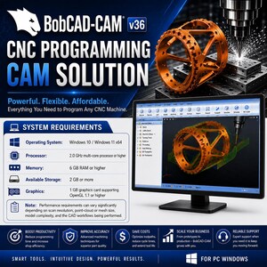 Puede incluir: Anuncio del software BobCAD-CAM v36 que muestra un monitor de computadora con el dise&ntilde;o 3D de una pieza mec&aacute;nica naranja, una m&aacute;quina CNC fresando una pieza similar y los requisitos del sistema para los sistemas operativos Windows 10 y 11.