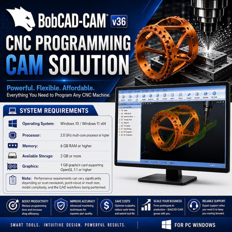 Puede incluir: Anuncio del software BobCAD-CAM v36 que muestra un monitor de computadora con el dise&ntilde;o 3D de una pieza mec&aacute;nica naranja, una m&aacute;quina CNC fresando una pieza similar y los requisitos del sistema para los sistemas operativos Windows 10 y 11.