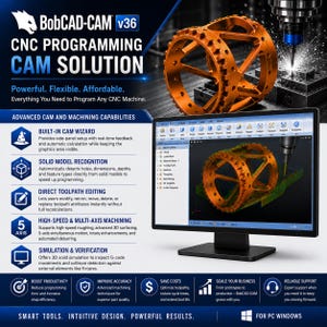 Puede incluir: Un gr&aacute;fico promocional para el software BobCAD-CAM v36 que muestra una pieza cil&iacute;ndrica met&aacute;lica naranja siendo mecanizada por una herramienta CNC. La pantalla muestra la interfaz del software con ajustes de trayectoria e iconos t&eacute;cnicos.