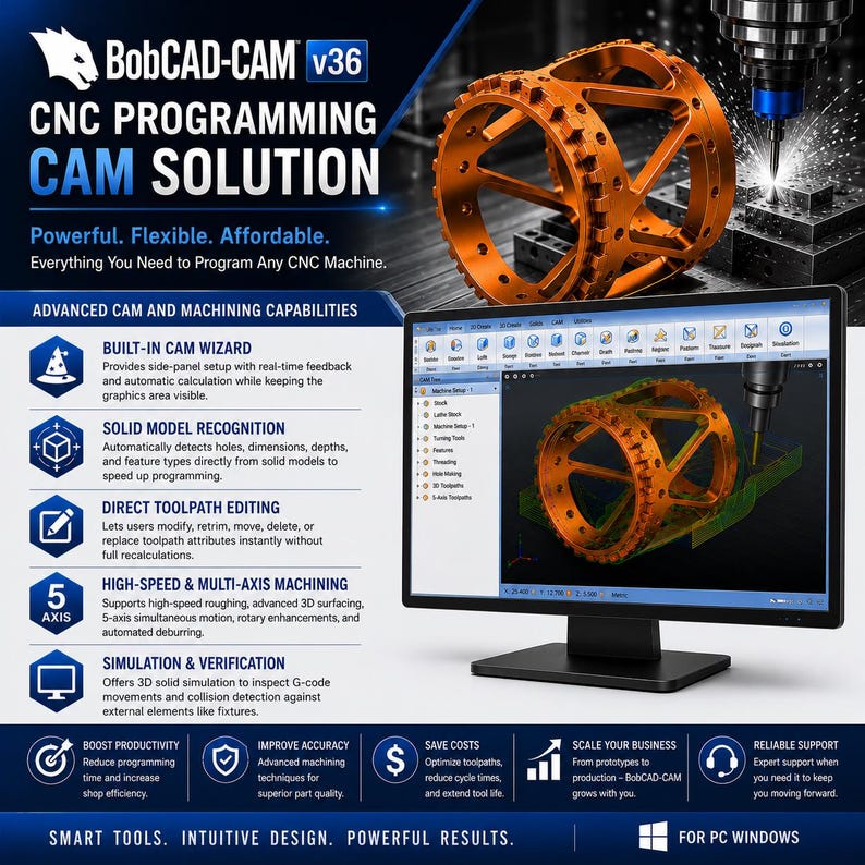 Puede incluir: Un gr&aacute;fico promocional para el software BobCAD-CAM v36 que muestra una pieza cil&iacute;ndrica met&aacute;lica naranja siendo mecanizada por una herramienta CNC. La pantalla muestra la interfaz del software con ajustes de trayectoria e iconos t&eacute;cnicos.