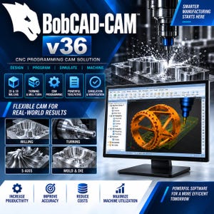 Może przedstawiać: Grafika promocyjna oprogramowania BobCAD-CAM v36 przedstawiająca monitor komputerowy z projektem pomarańczowej części mechanicznej 3D oraz obrazy procesów frezowania CNC, toczenia, obróbki 5-osiowej oraz form i matryc.
