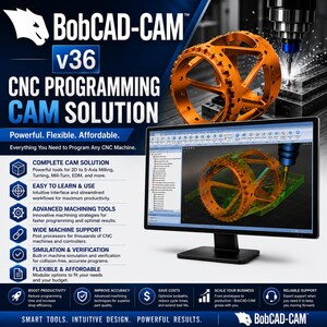 Puede incluir: Un gr&aacute;fico promocional para el software de programaci&oacute;n CNC BobCAD-CAM v36. La imagen muestra un monitor de computadora con un modelo 3D de una pieza mec&aacute;nica naranja siendo mecanizada, junto a una lista de funciones y beneficios.