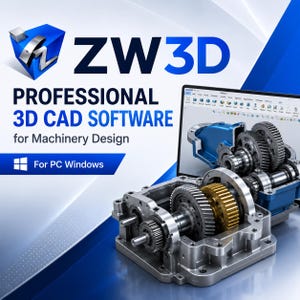 Puede incluir: Un anuncio del software profesional de CAD 3D ZW3D para PC Windows con un logotipo azul y una pantalla de ordenador que muestra un diseño complejo de ensamblaje de engranajes mecánicos con piezas plateadas y doradas.