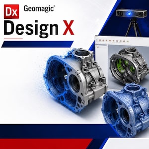 Peut inclure: Interface du logiciel Geomagic Design X affichant un composant de bo&icirc;tier m&eacute;canique m&eacute;tallique. L'image montre une transition de scan 3D d'un mod&egrave;le gris solide vers un maillage filaire bleu, avec un scanner 3D mont&eacute; sur un tr&eacute;pied.