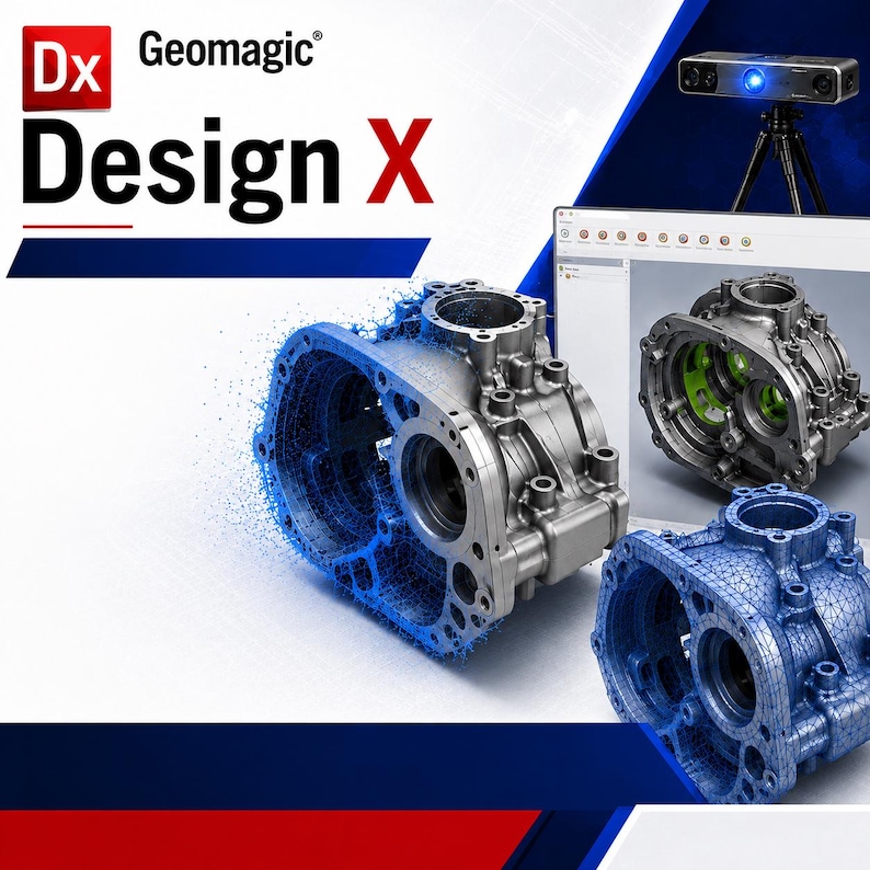 Peut inclure: Interface du logiciel Geomagic Design X affichant un composant de bo&icirc;tier m&eacute;canique m&eacute;tallique. L'image montre une transition de scan 3D d'un mod&egrave;le gris solide vers un maillage filaire bleu, avec un scanner 3D mont&eacute; sur un tr&eacute;pied.