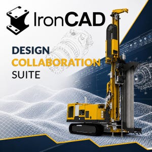 Puede incluir: Una plataforma de perforación industrial amarilla y negra se asienta sobre un paisaje digital de estructura alámbrica. El logotipo de IronCAD y el texto DESIGN COLLABORATION SUITE aparecen en la esquina superior izquierda, con dibujos CAD técnicos al fondo.